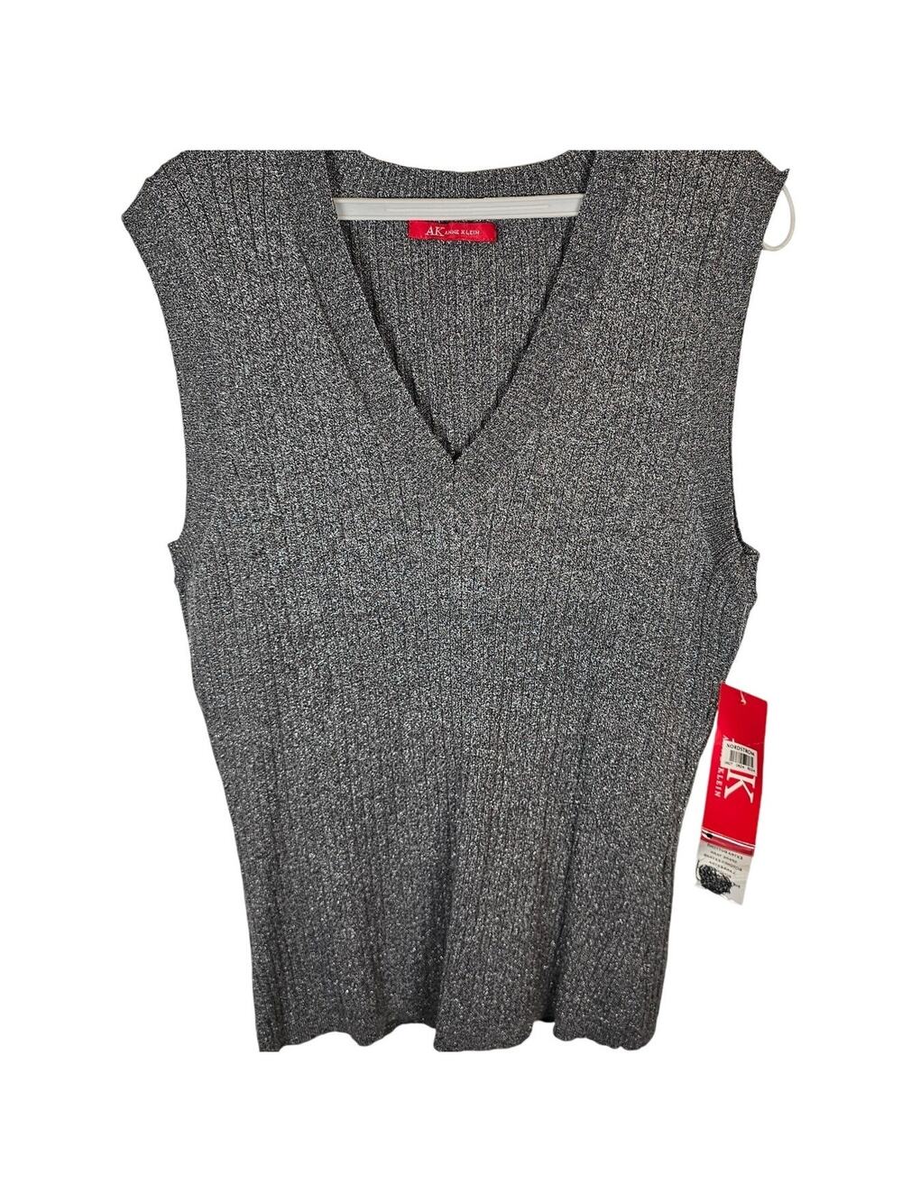 AK Anne Klein Women's Gray Metallic Silver Shimmer V-Neck Sweater Vest Plus 2X